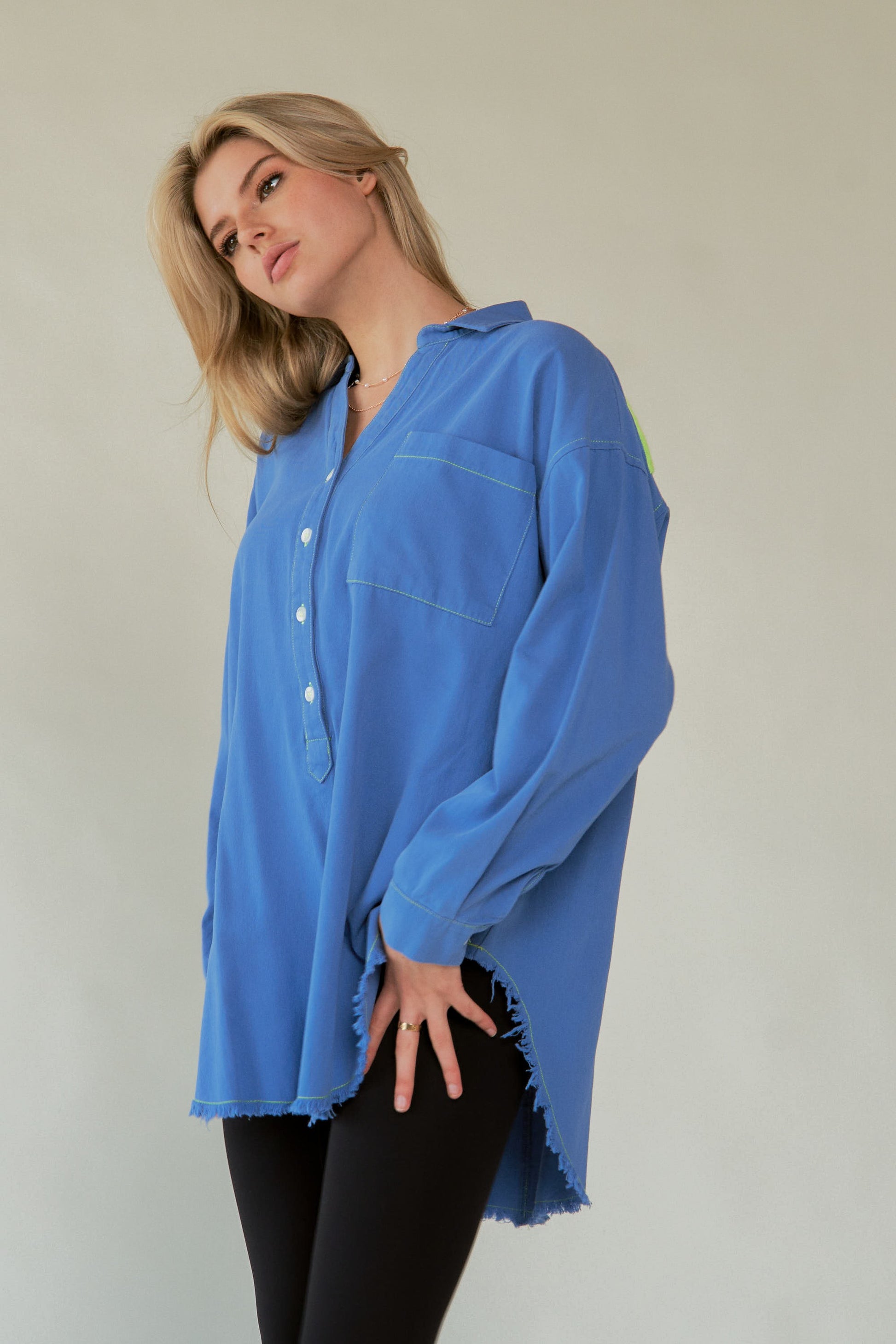 Davi & Dani Letter Back Raw Hem Half Button Shirt-TOPS / DRESSES-[Adult]-[Female]-2022 Online Blue Zone Planet