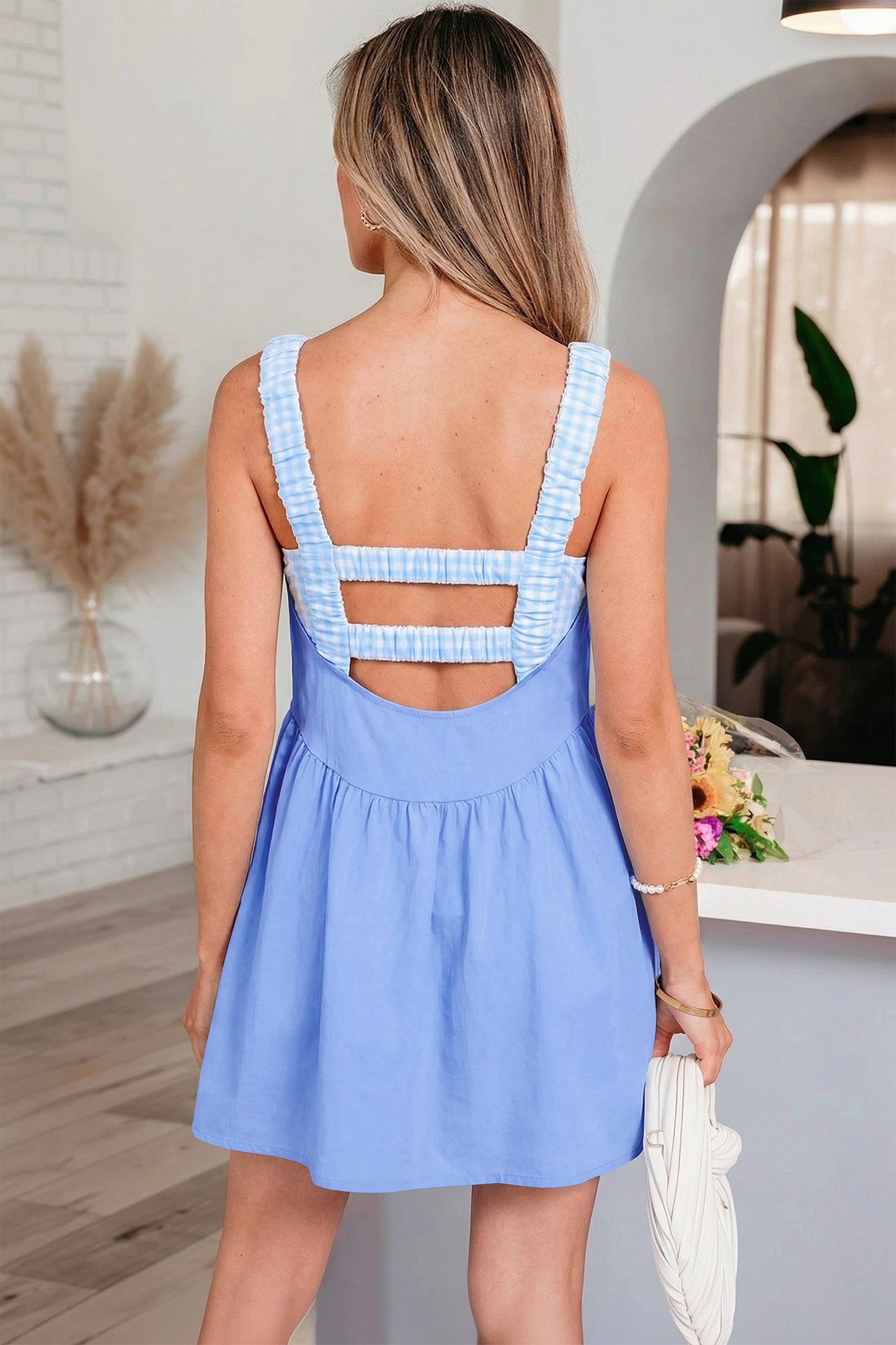 Yellow Cream Faux Two Piece Gingham Contrast Patchwork Loose Mini Dress-Dresses/Mini Dresses-[Adult]-[Female]-2022 Online Blue Zone Planet