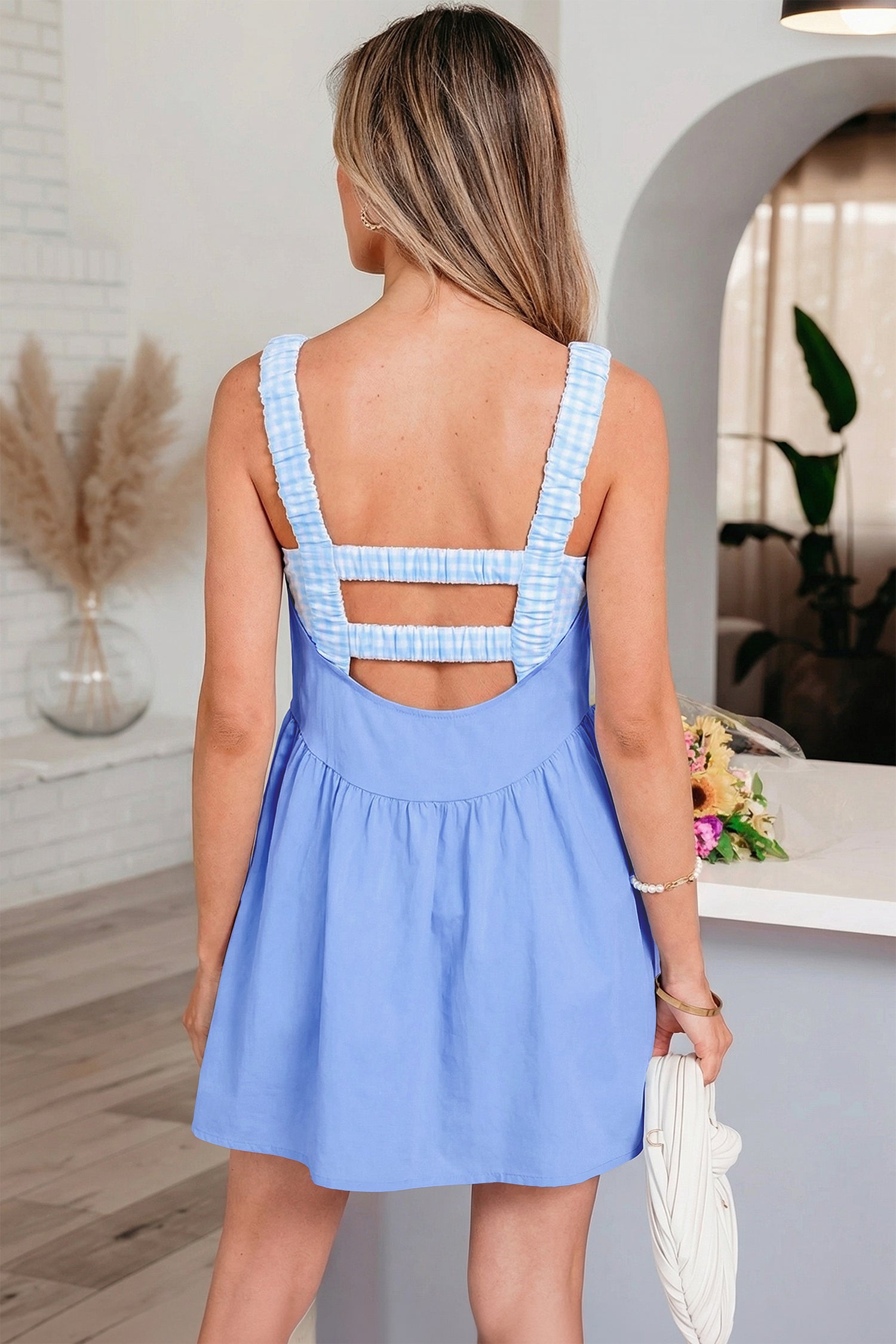 Yellow Cream Faux Two Piece Gingham Contrast Patchwork Loose Mini Dress-Dresses/Mini Dresses-[Adult]-[Female]-2022 Online Blue Zone Planet