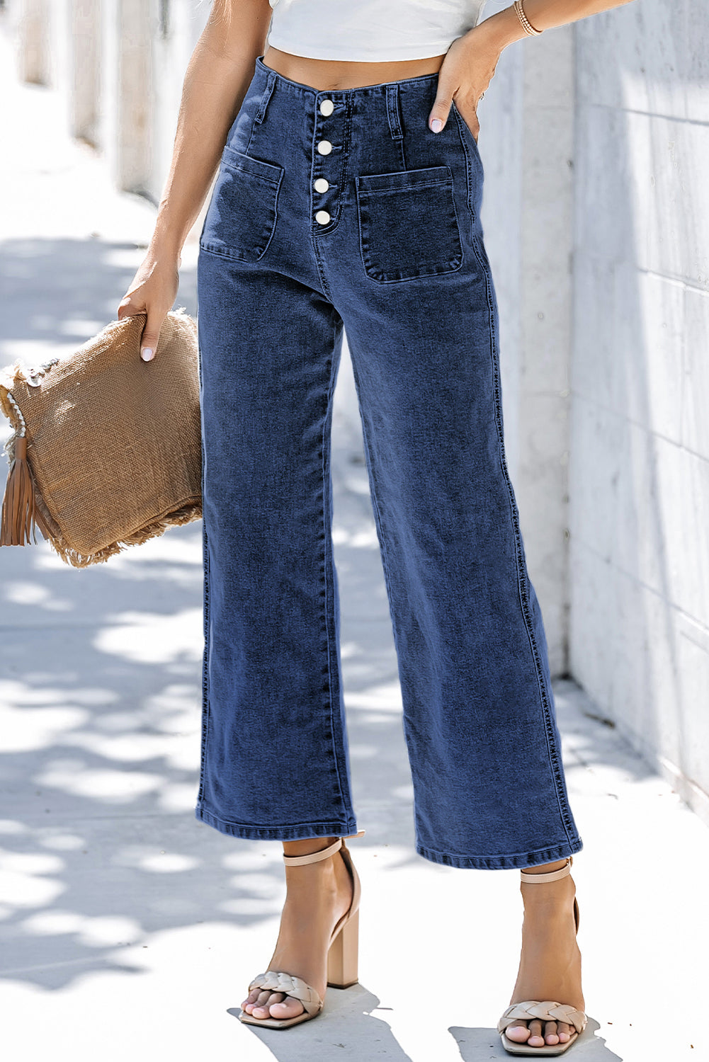 Sail Blue High Waist Button Front Wide Leg Cropped Jeans-Bottoms/Jeans-[Adult]-[Female]-Sail Blue-4-SHORT-2022 Online Blue Zone Planet