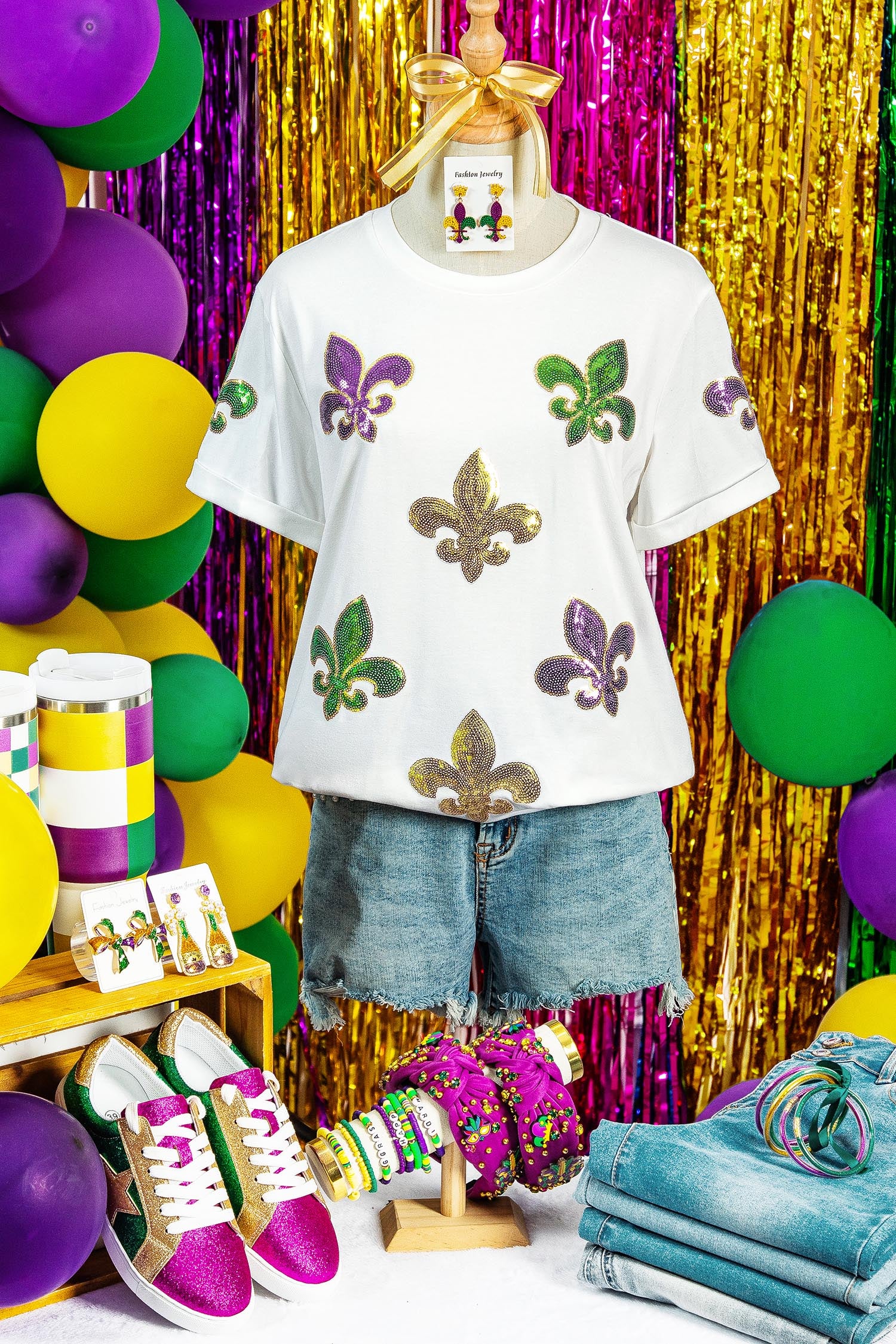 White Mardi Gras Fleur De Lis Sequin Graphic T Shirt-Graphic/Graphic Tees-[Adult]-[Female]-2022 Online Blue Zone Planet