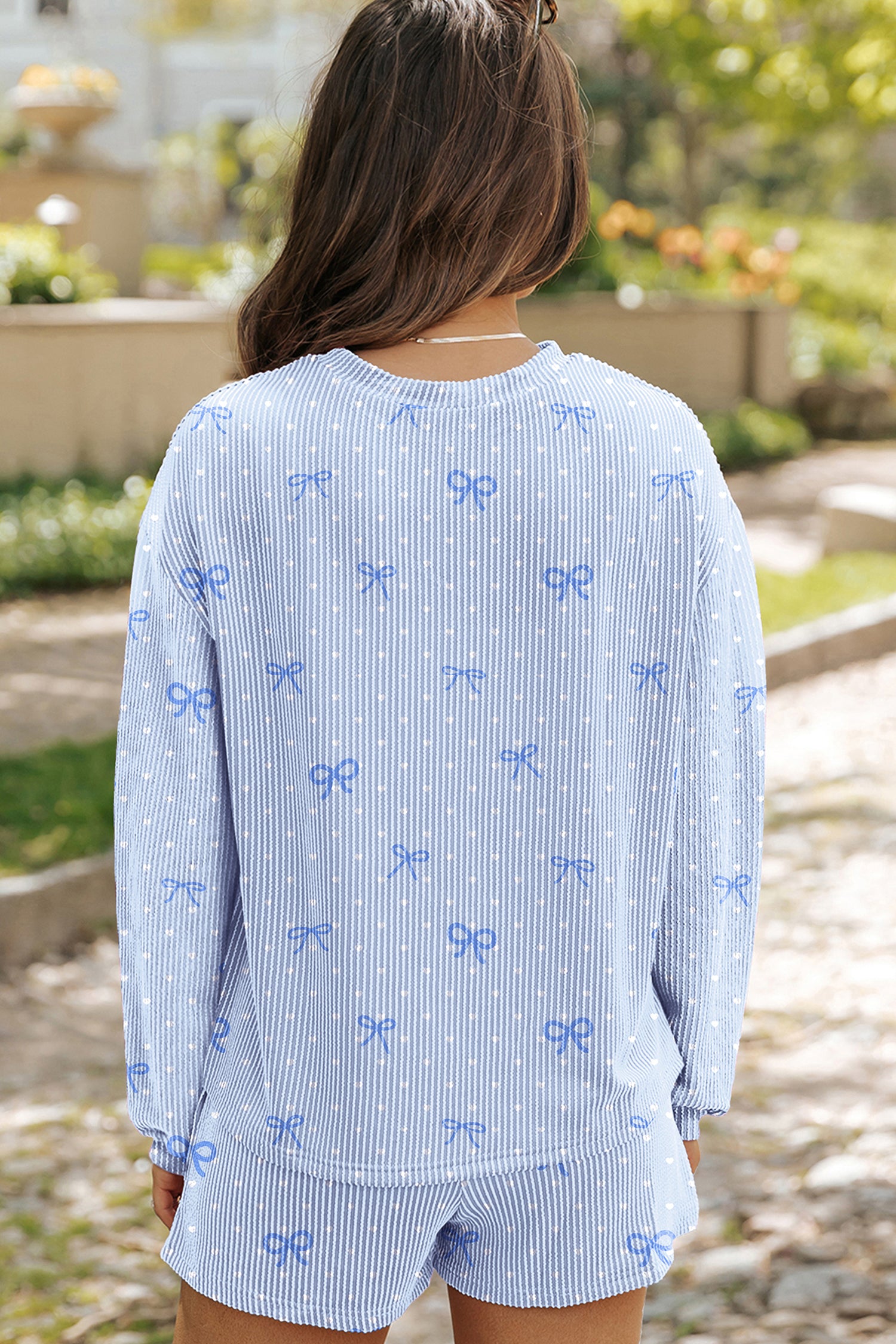 Sky Blue Valentines Bow Print Twisted Rib Loose Long Sleeve Top 2pcs Short Set-Two Piece Sets/Short Sets-[Adult]-[Female]-2022 Online Blue Zone Planet