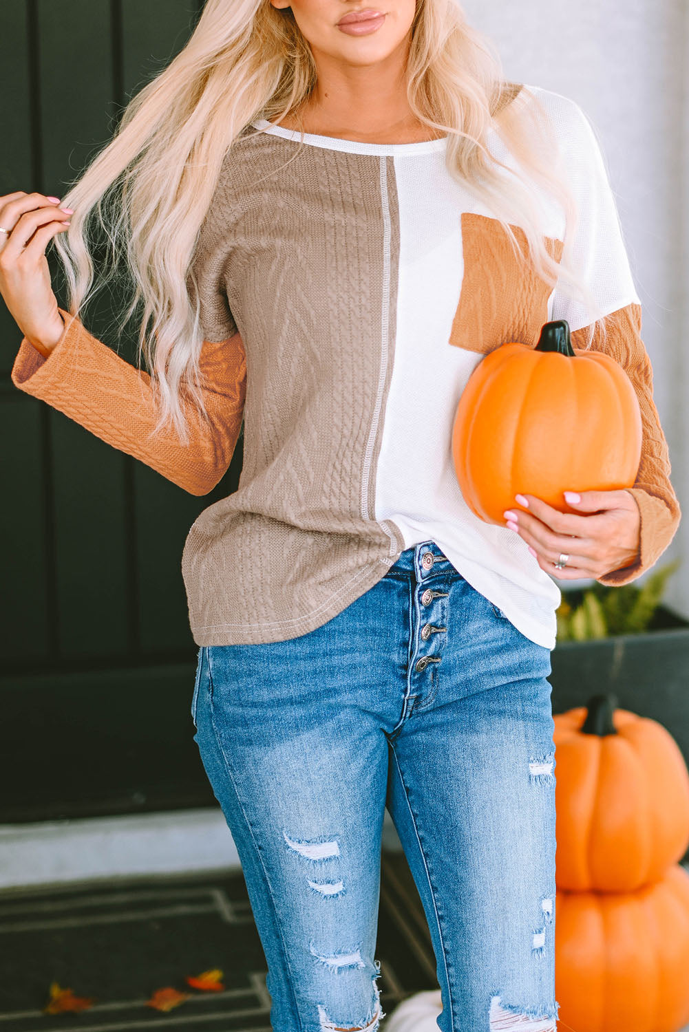 Orange Long Sleeve Colorblock Chest Pocket Textured Knit Top-Sale (50% OFF)/30% OFF-[Adult]-[Female]-2022 Online Blue Zone Planet