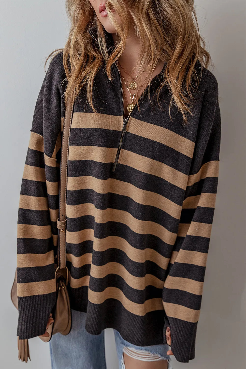 Striped Half Zip Long Sleeve Knit Top-TOPS / DRESSES-[Adult]-[Female]-2022 Online Blue Zone Planet