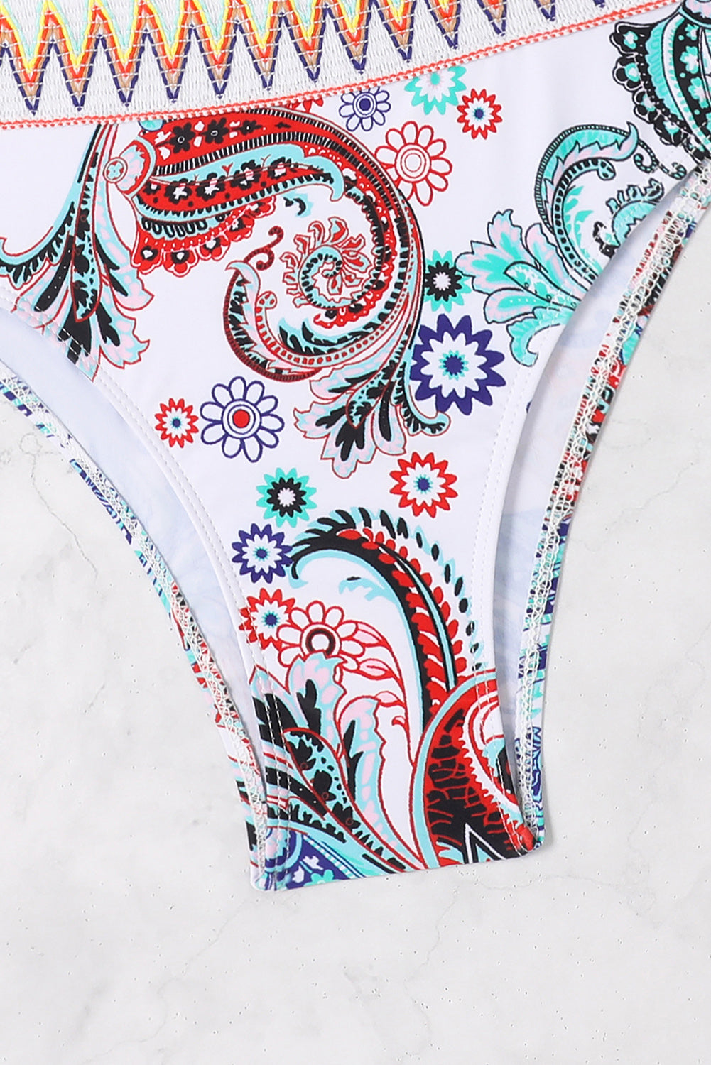 White Boho Paisley Contrast Trimmed One-shoulder Bikini-Swimwear/Bikinis-[Adult]-[Female]-2022 Online Blue Zone Planet