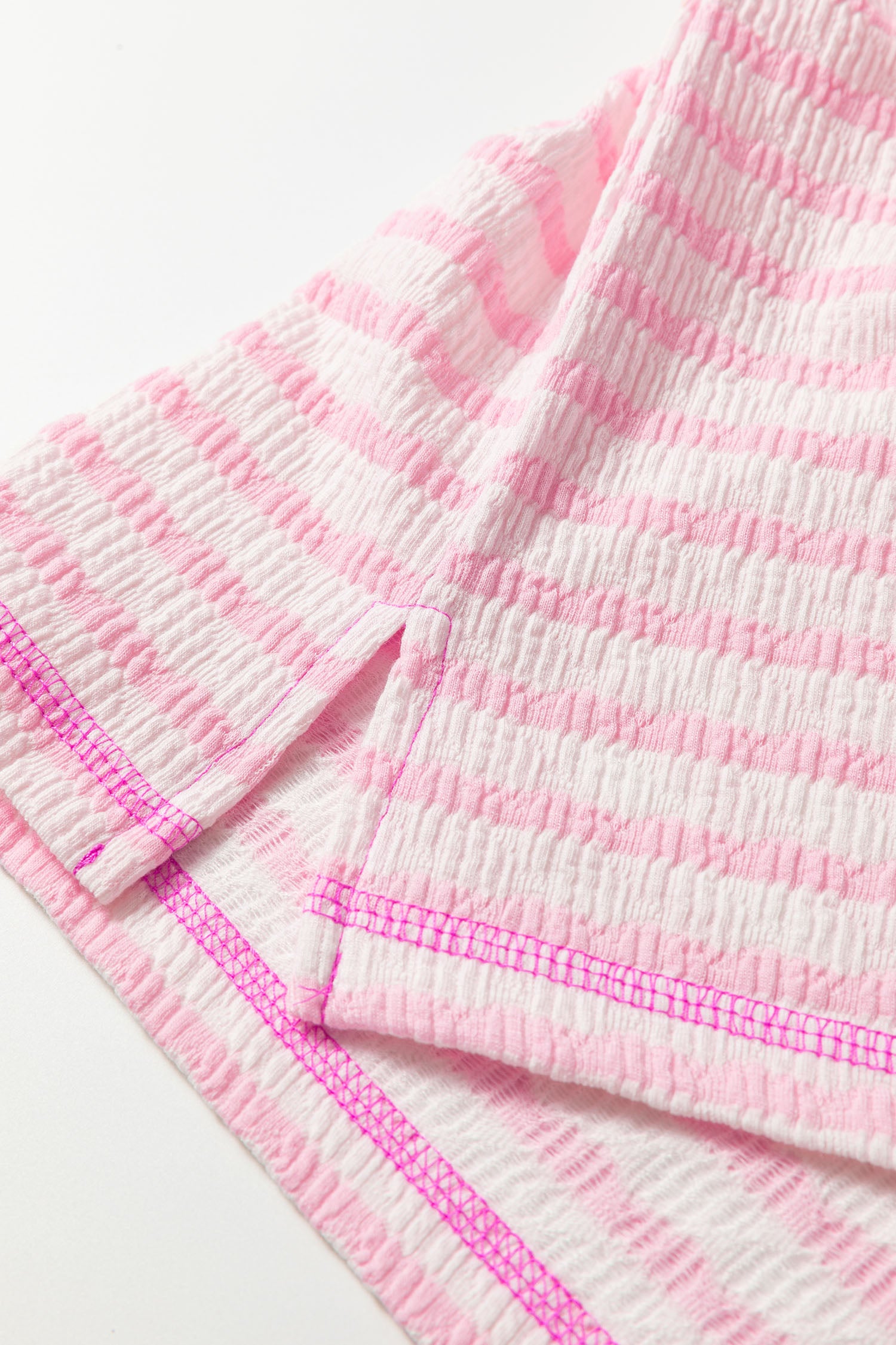 Pink Stripe Textured Knit Split Hem Half Sleeve Loose Top-Tops/Tops & Tees-[Adult]-[Female]-2022 Online Blue Zone Planet