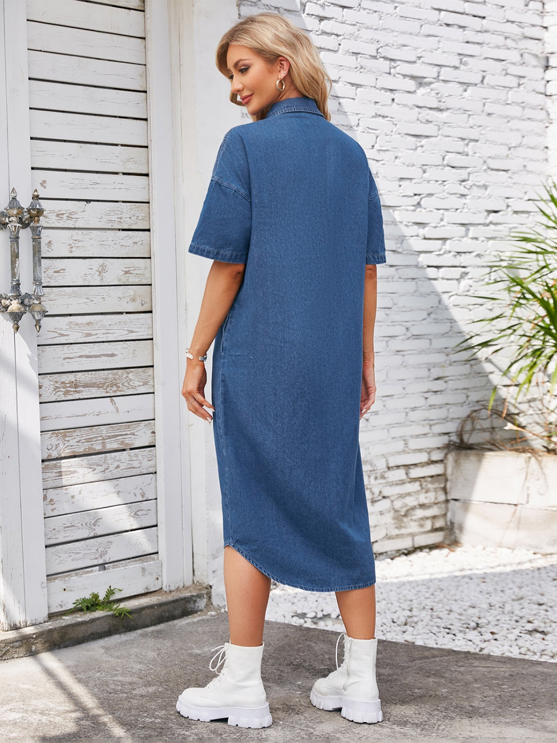 Button Up Dropped Shoulder Denim Dress-TOPS / DRESSES-[Adult]-[Female]-2022 Online Blue Zone Planet