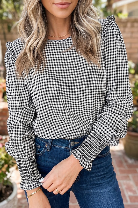 Black Plaid Shirred Cuff Long Sleeve Round Neck Blouse-Tops/Blouses & Shirts-[Adult]-[Female]-Black-S-2022 Online Blue Zone Planet