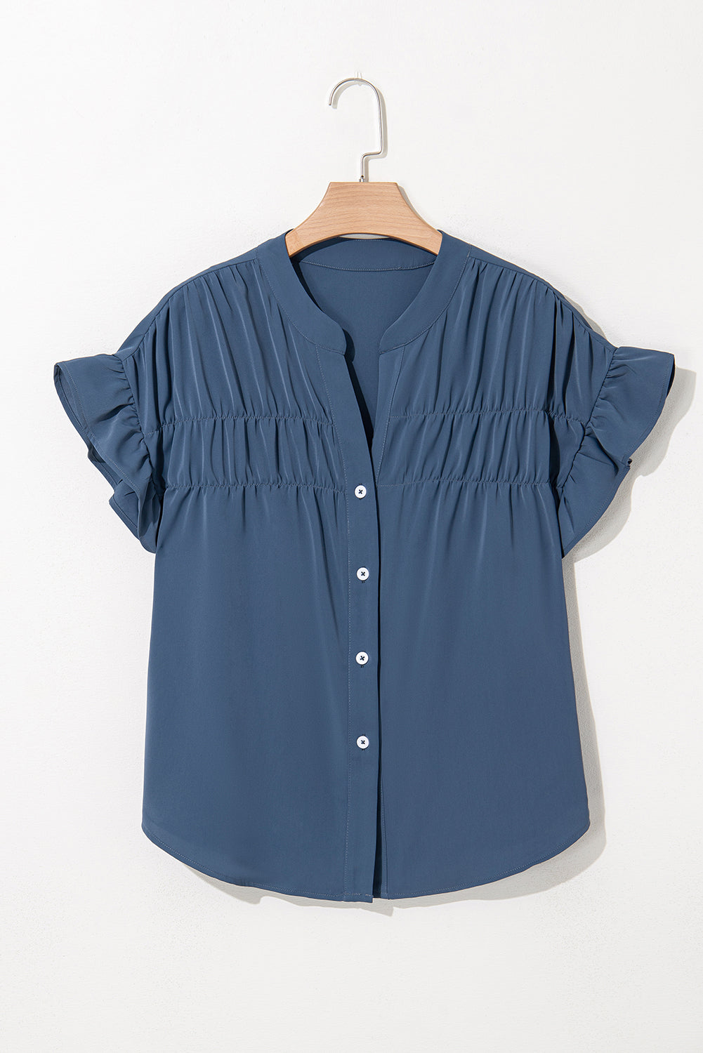 Real Teal Solid Color Ruffle Ruched Short Sleeve Buttoned Shirt-Tops/Blouses & Shirts-[Adult]-[Female]-2022 Online Blue Zone Planet