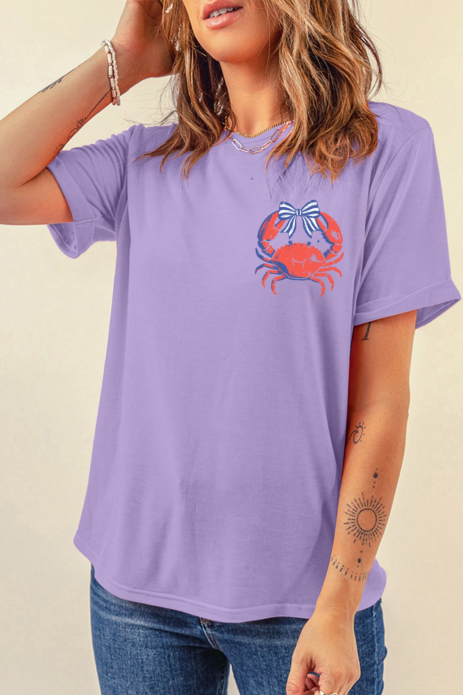 Orchid Petal CRABBY Beach Day Graphic T Shirt-Graphic/Graphic Tees-[Adult]-[Female]-2022 Online Blue Zone Planet
