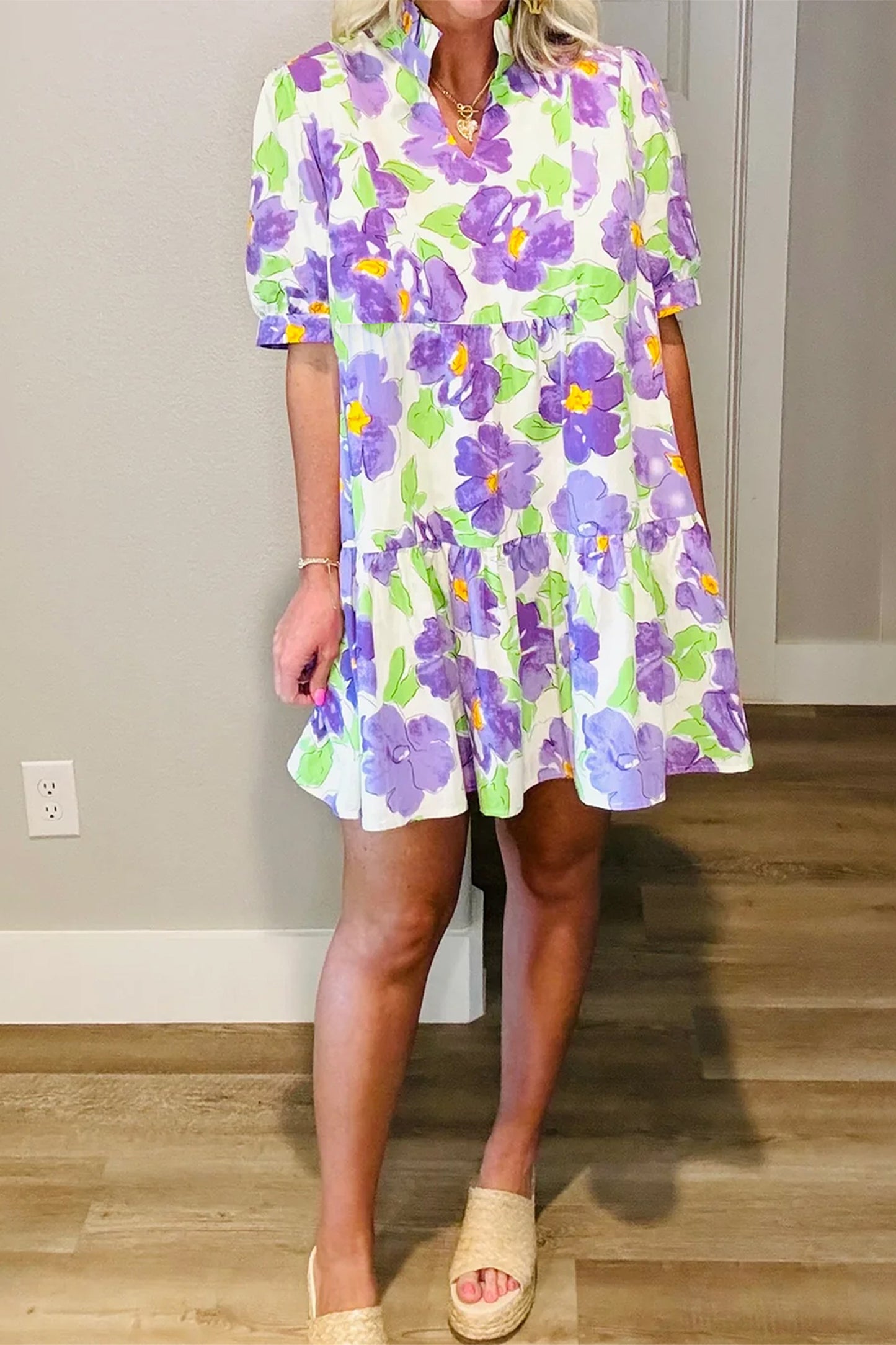 Purple Floral V Collar Short Sleeve Tiered Ruffle Mini Dress-Dresses/Mini Dresses-[Adult]-[Female]-2022 Online Blue Zone Planet