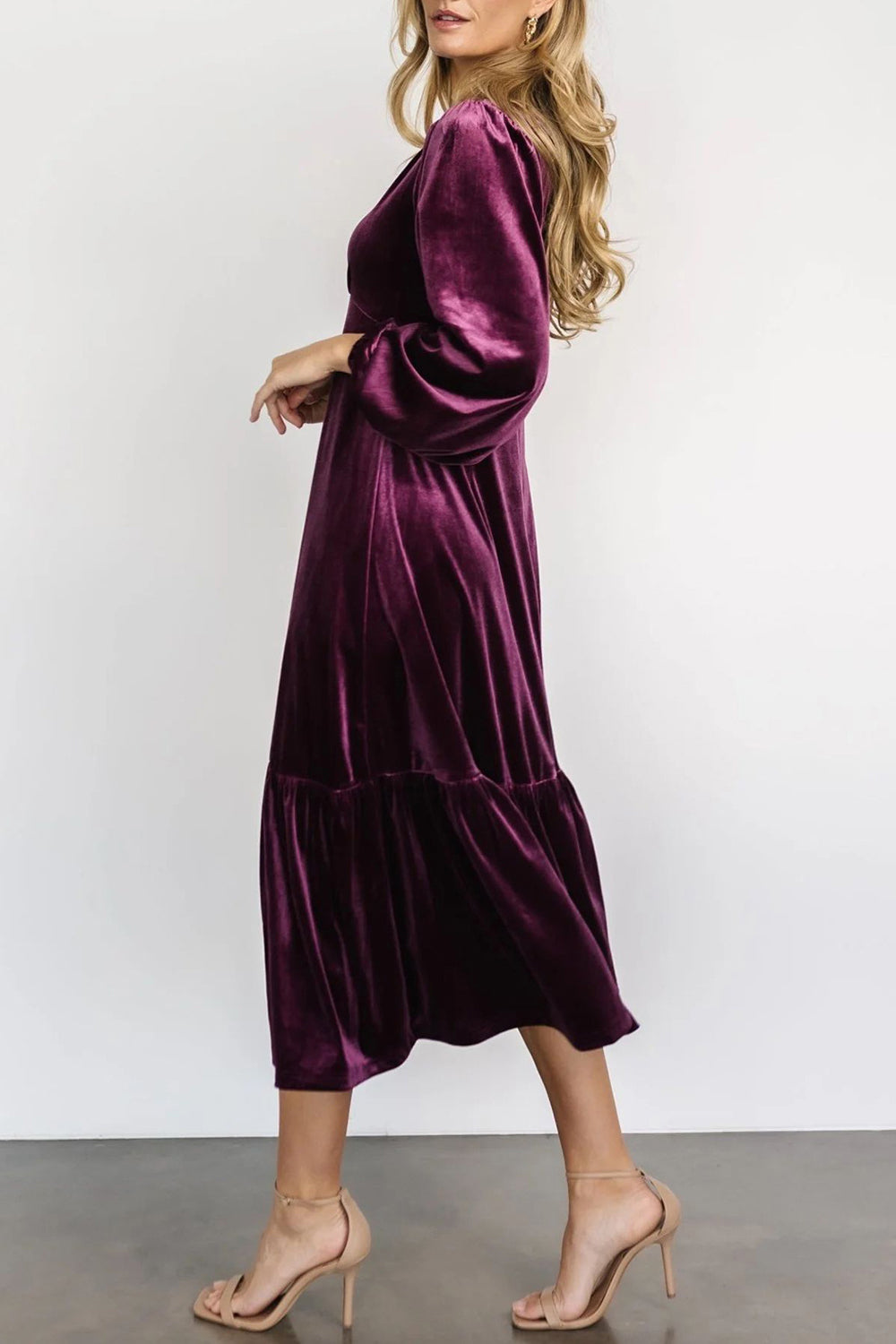 V-Neck Long Sleeve Midi Velvet Dress-TOPS / DRESSES-[Adult]-[Female]-2022 Online Blue Zone Planet