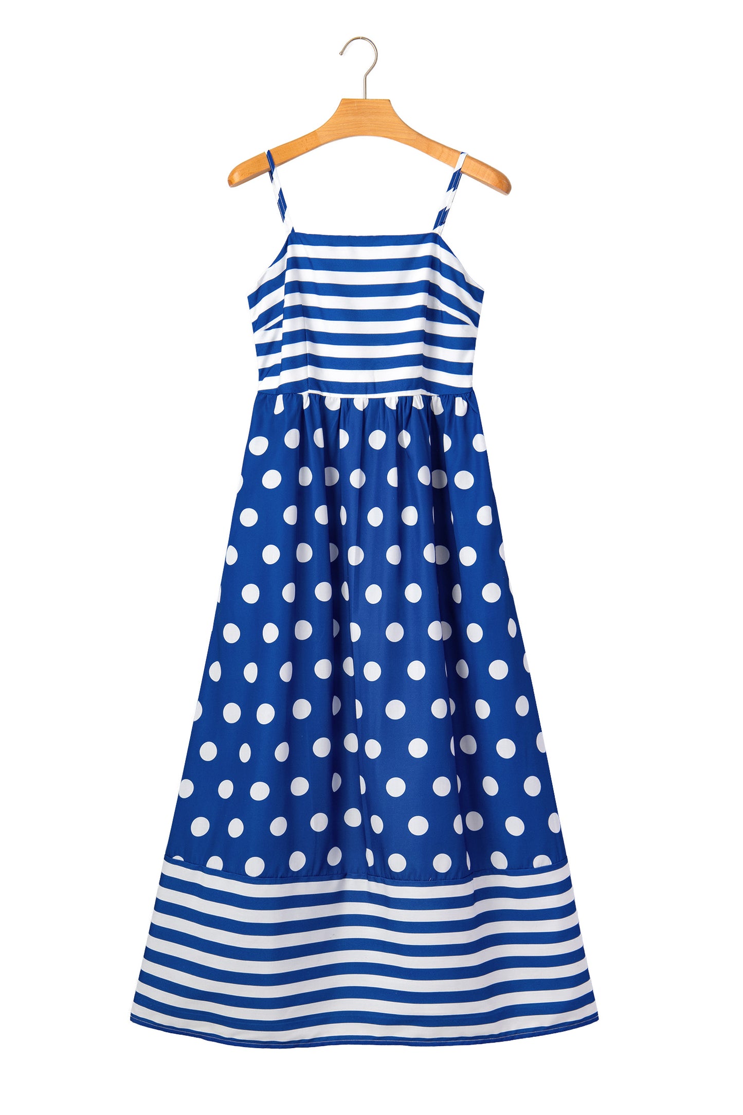 Blue Striped Polka Dot Patchwork High Waist Spaghetti Straps Maxi Dress-TOPS / DRESSES-[Adult]-[Female]-2022 Online Blue Zone Planet