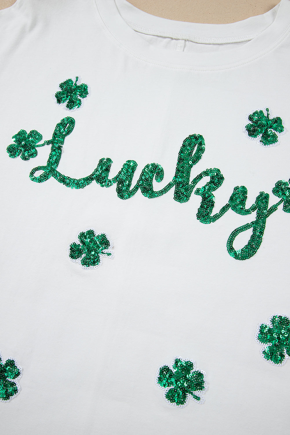 White St Patrick Lucky Clover Sequin Graphic T Shirt-T Shirts-[Adult]-[Female]-2022 Online Blue Zone Planet