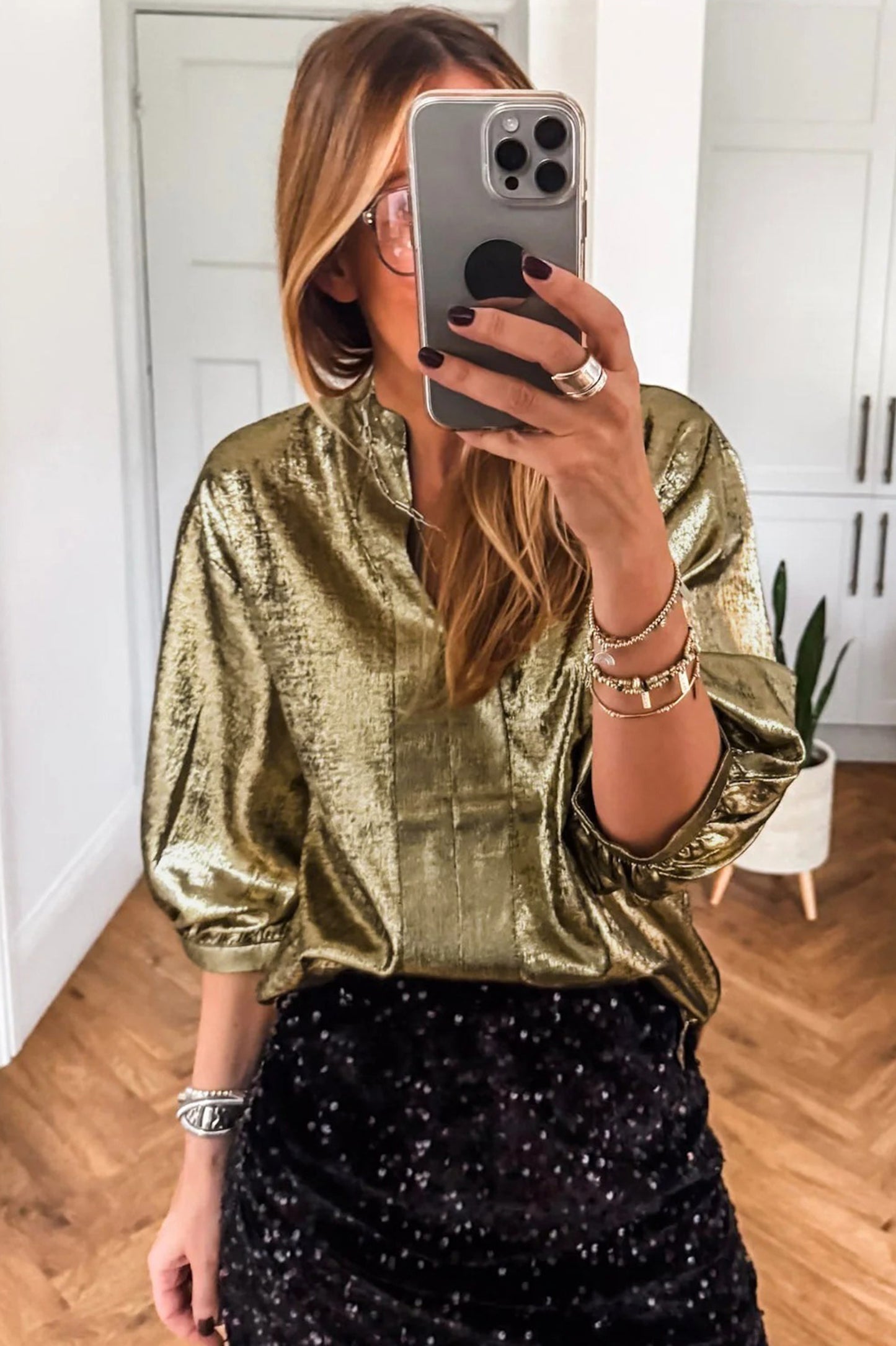 Gold Metallic Split Neck Half Sleeve Blouse-Tops/Blouses & Shirts-[Adult]-[Female]-2022 Online Blue Zone Planet