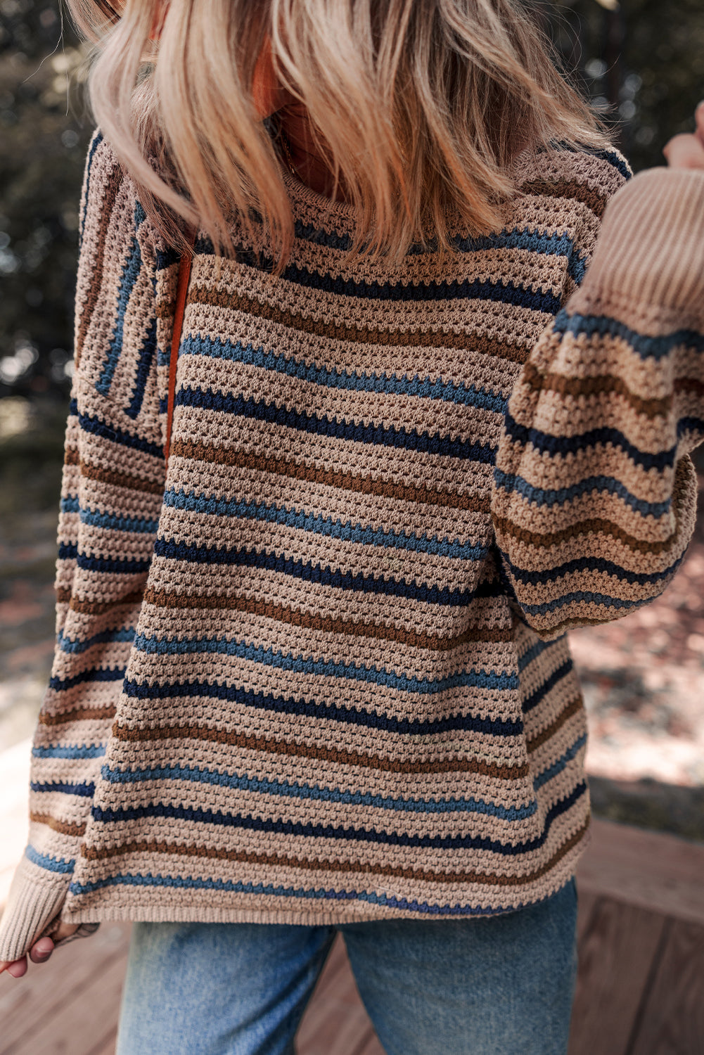 Multicolour Striped Knitted Drop Shoulder Round Neck Sweater-TOPS / DRESSES-[Adult]-[Female]-2022 Online Blue Zone Planet