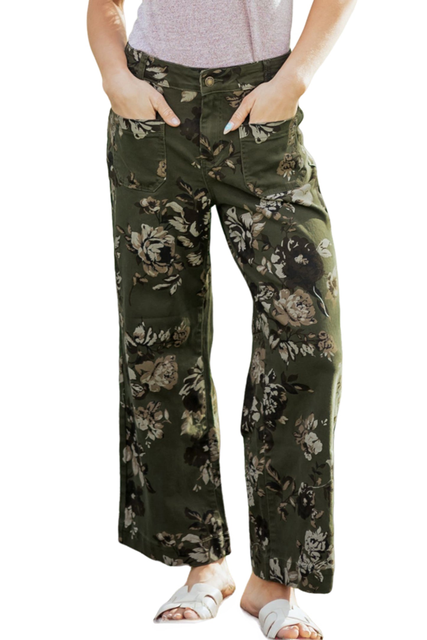 Green Vintage Floral Print Square Patch Pocket Raw Hem Shift Jeans-Bottoms/Jeans-[Adult]-[Female]-2022 Online Blue Zone Planet