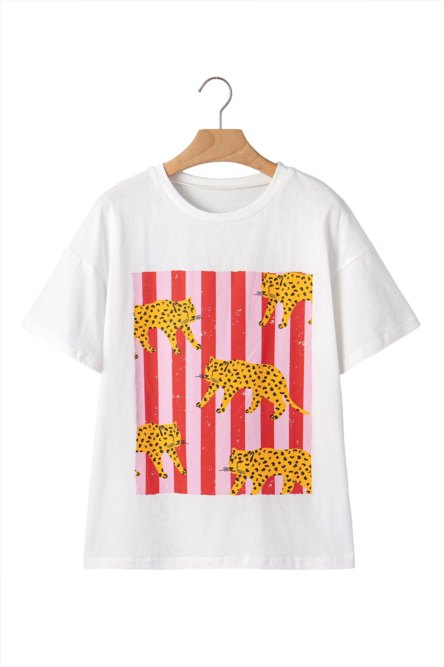 White Cheetah Striped Print Retro Fashion Graphic Tee-Tops/Tops & Tees-[Adult]-[Female]-2022 Online Blue Zone Planet