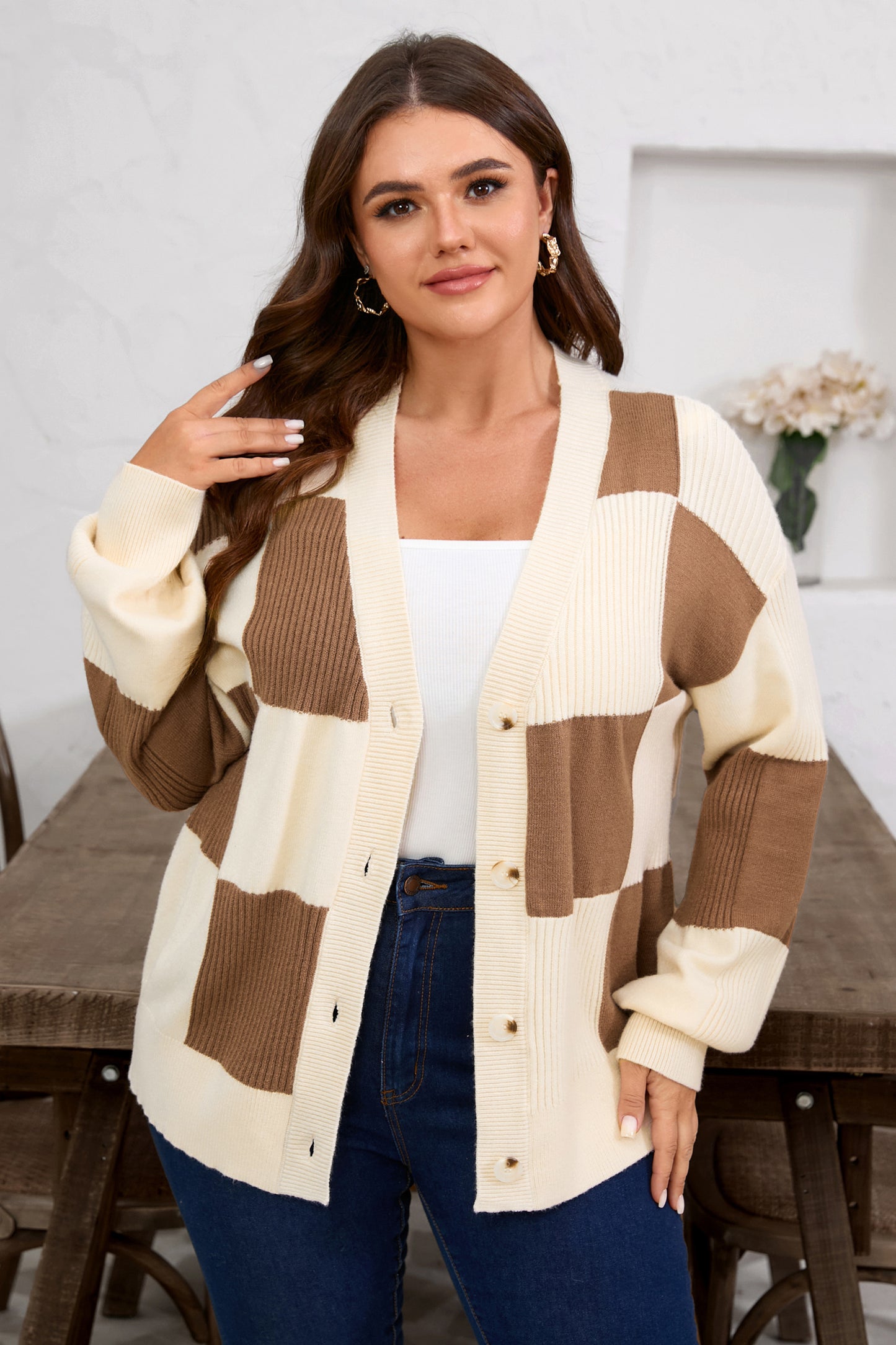 Khaki Checkered Ribbed Texture Knit Plus Size Cardigan Sweater-TOPS / DRESSES-[Adult]-[Female]-2022 Online Blue Zone Planet