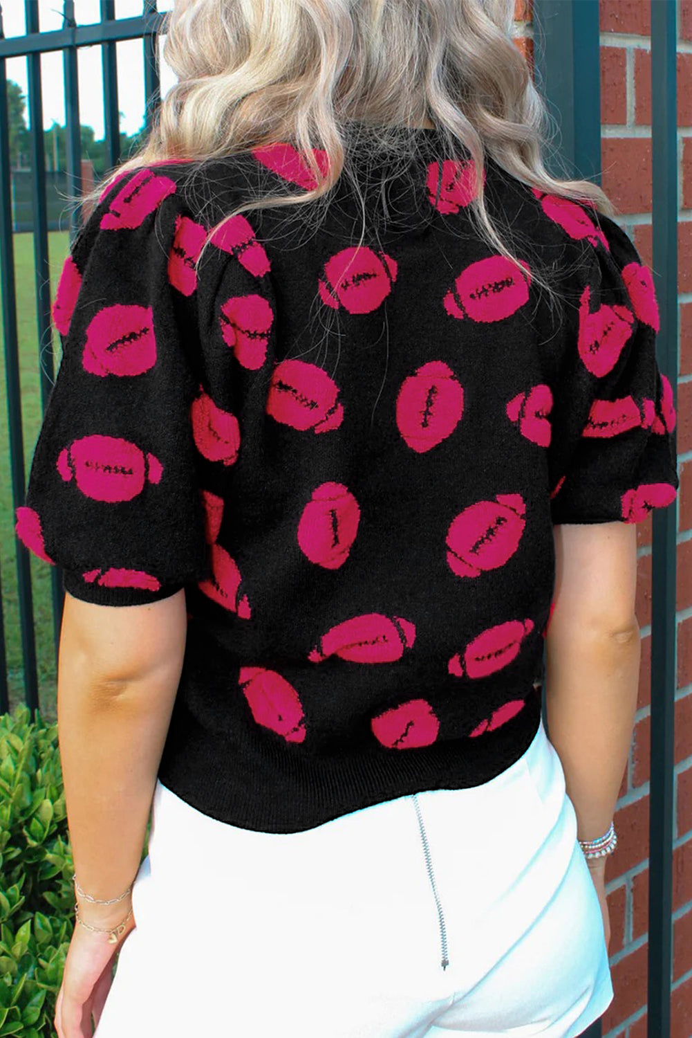 Black Rugby Print Casual Knit Short Sleeve Sweater-TOPS / DRESSES-[Adult]-[Female]-2022 Online Blue Zone Planet