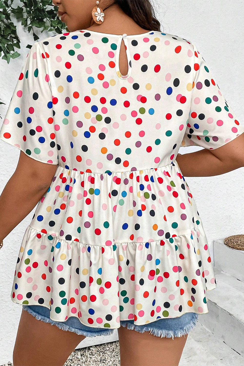 Beige Colorful Polka Dot Print Short Sleeve Ruffled Plus Size Babydoll Blouse-Plus Size/Plus Size Tops/Plus Size Blouses & Shirts-[Adult]-[Female]-2022 Online Blue Zone Planet