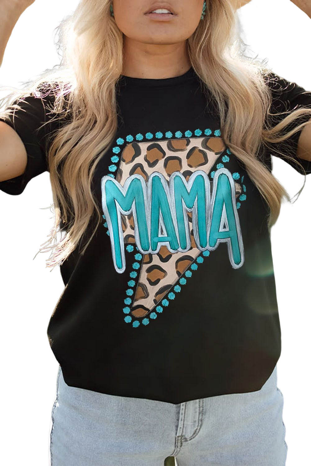 Black Western MAMA Leopard Lightning Graphic Tee-Graphic/Graphic Tees-[Adult]-[Female]-2022 Online Blue Zone Planet
