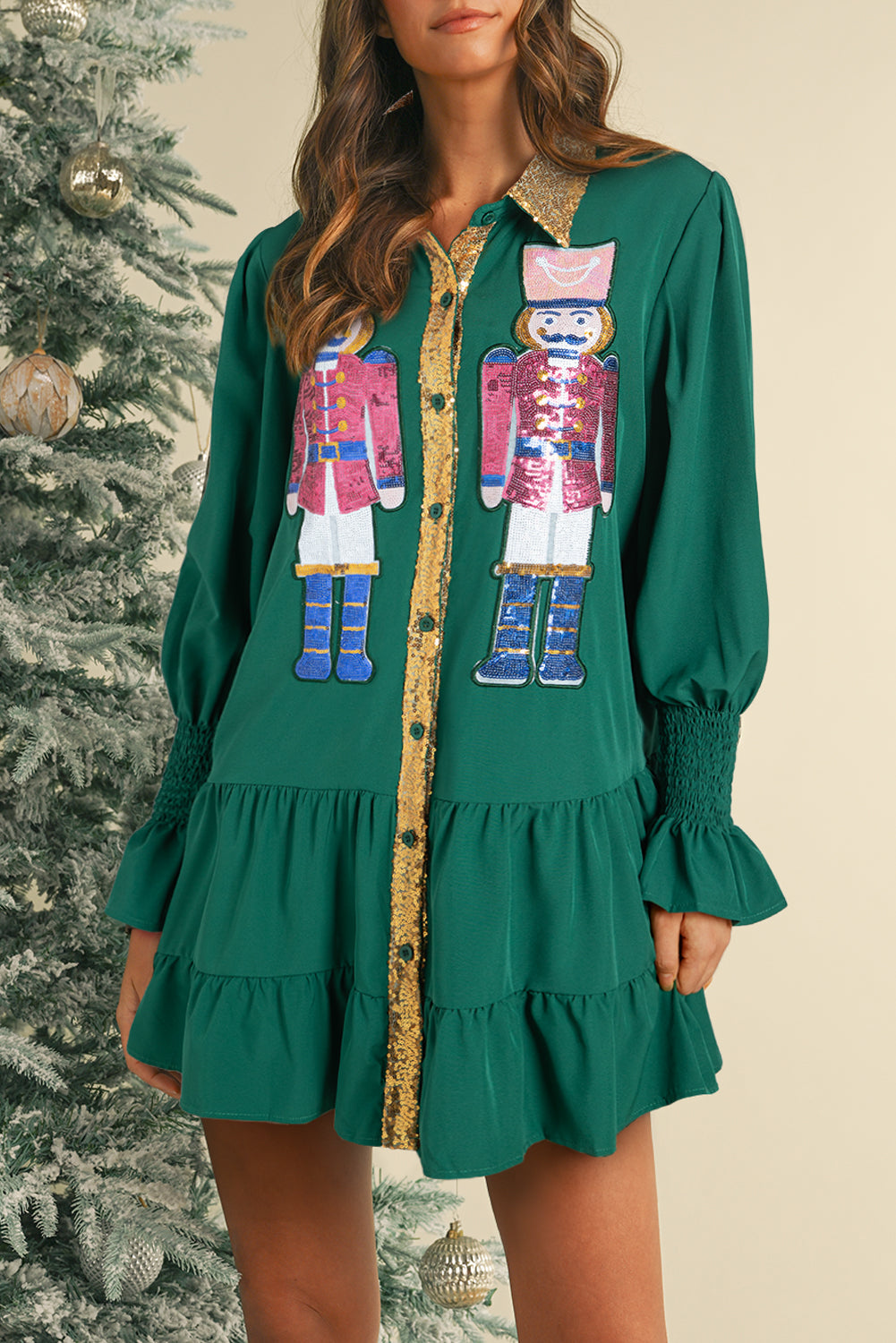 Evergreen Nutcracker Sequin Button-Down Short Dress-Short Dresses-[Adult]-[Female]-Evergreen-S-2022 Online Blue Zone Planet