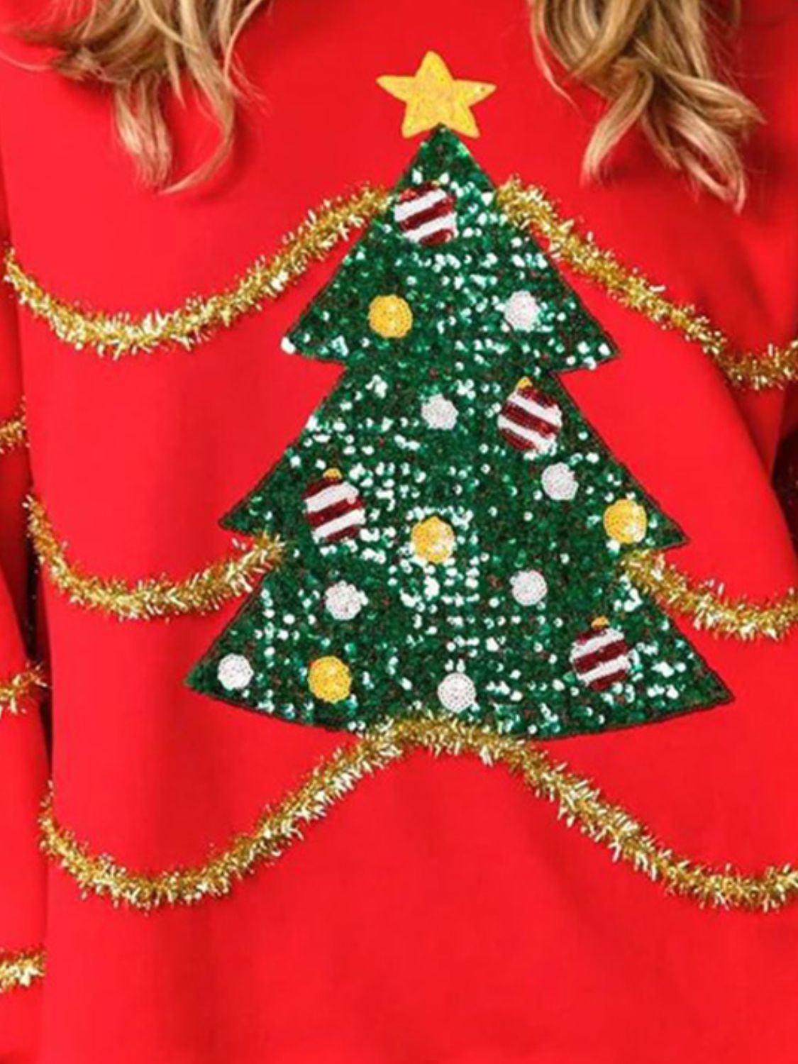 Sequin Christmas Tree Round Neck Sweatshirt-TOPS / DRESSES-[Adult]-[Female]-2022 Online Blue Zone Planet