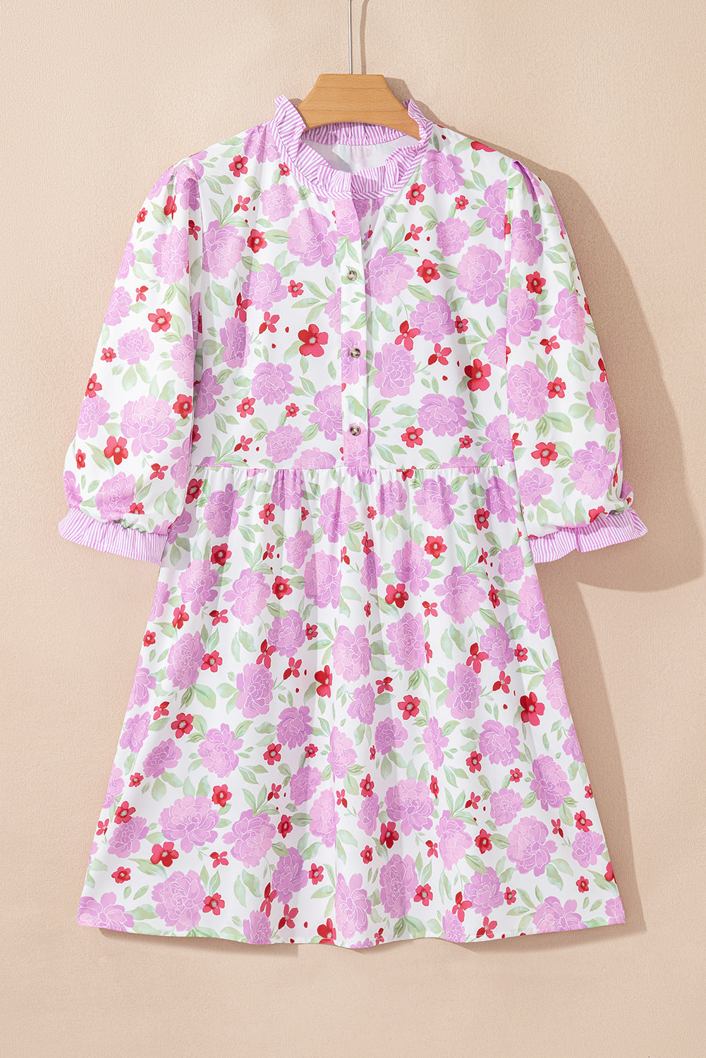 Pink Floral Print Striped Trim Frilled Neck 3/4 Sleeve Flared Mini Dress-TOPS / DRESSES-[Adult]-[Female]-2022 Online Blue Zone Planet