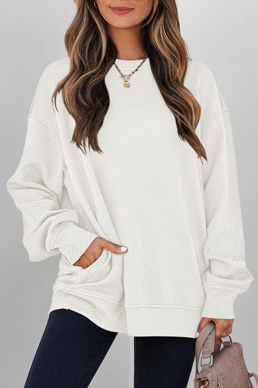 White Solid Color Textured Round Neck Drop Shoulder Pullover Sweatshirt