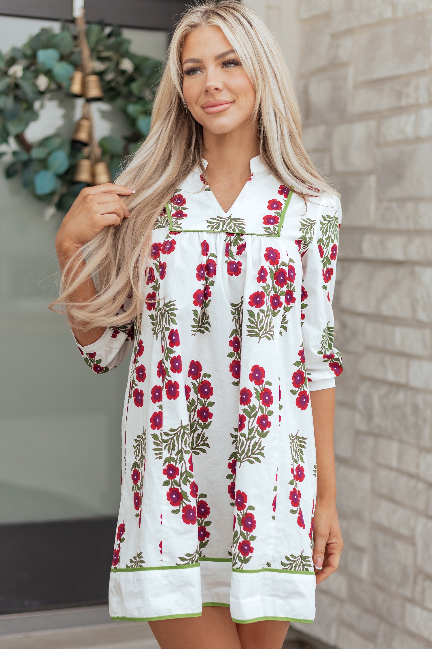 White Frilled V Neck 3/4 Sleeve Loose Floral Dress-TOPS / DRESSES-[Adult]-[Female]-2022 Online Blue Zone Planet