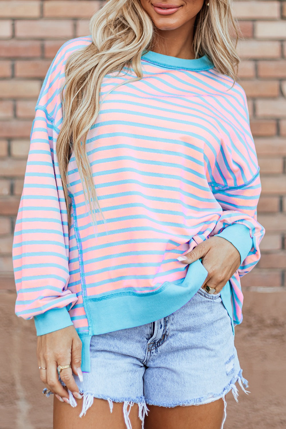 Blue Zone Planet | High-Low Striped Long Sleeve Sweatshirt-TOPS / DRESSES-[Adult]-[Female]-Blush Pink-S-2022 Online Blue Zone Planet