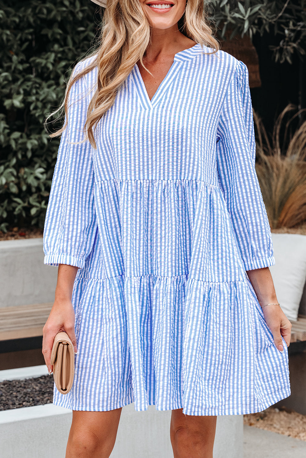 Sky Blue Stripe Bracelet Sleeve Tiered Shift Dress with Pockets-TOPS / DRESSES-[Adult]-[Female]-2022 Online Blue Zone Planet