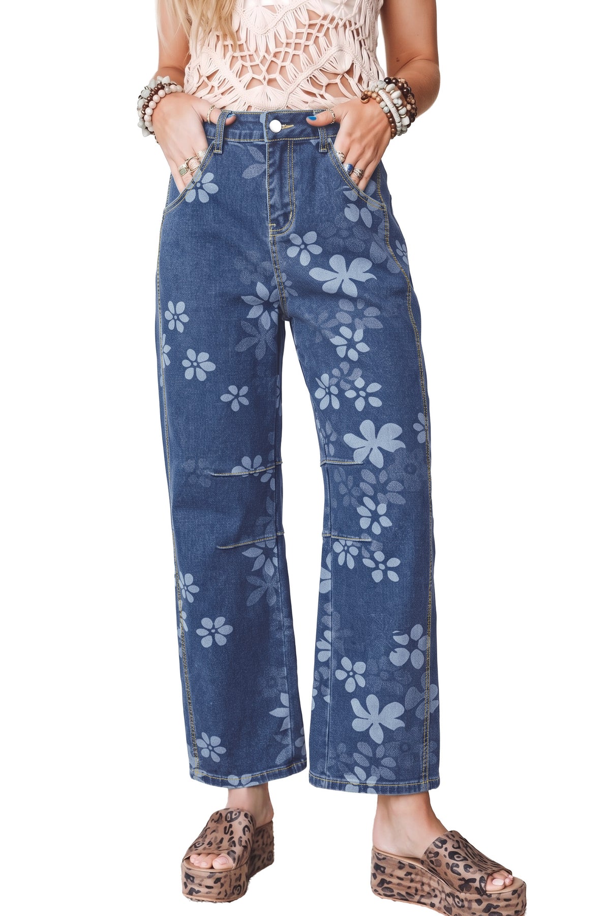 Blue Floral Print Ankle Length Casual Pocket Jeans-Bottoms/Jeans-[Adult]-[Female]-2022 Online Blue Zone Planet