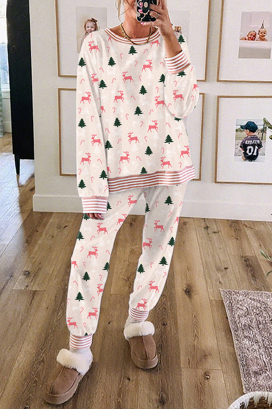 Pink Bow Christmas Tree Print Contrast Striped Banding 2pcs Lounge Set-Loungewear & Sleepwear/Loungewear-[Adult]-[Female]-Pink-S-2022 Online Blue Zone Planet