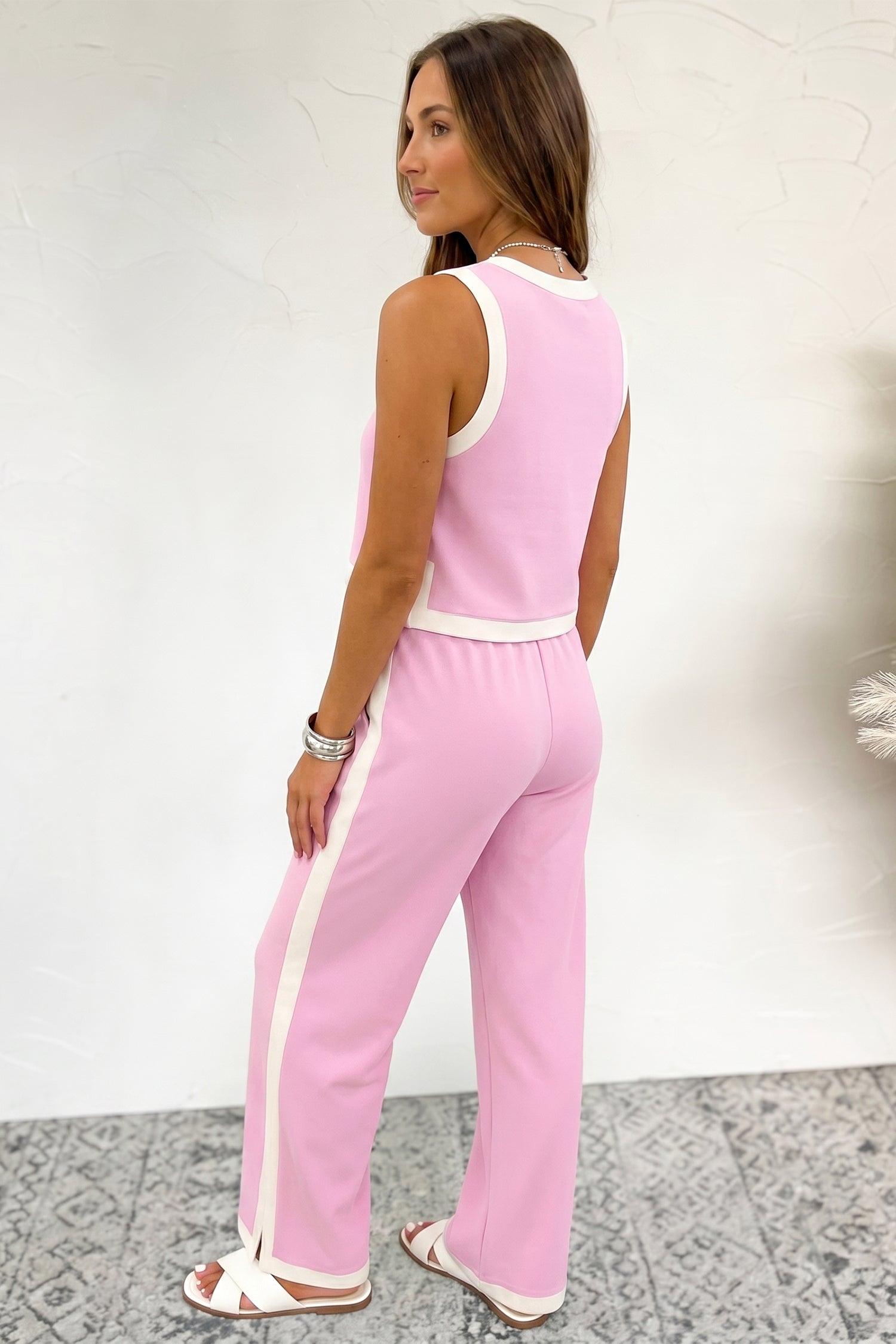 Sky Blue Colorblock Trim Cropped Tank Elastic Waist Shift Pants 2pcs Set-Two Piece Sets/Pant Sets-[Adult]-[Female]-2022 Online Blue Zone Planet