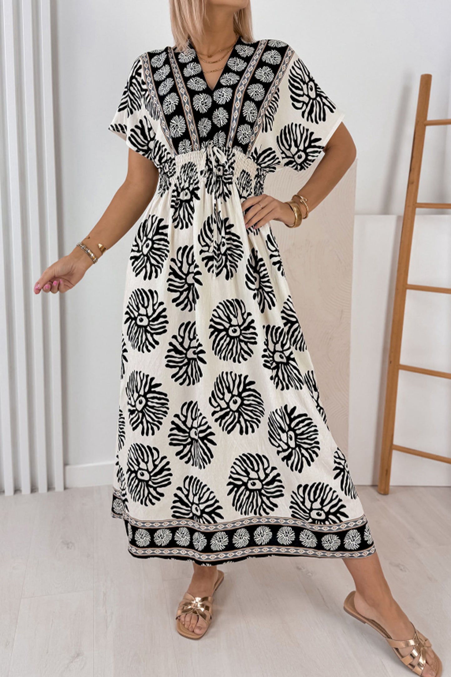 Blue Boho Floral Print Contrast Patchwork V Neck Dolman Maxi Dress-TOPS / DRESSES-[Adult]-[Female]-2022 Online Blue Zone Planet