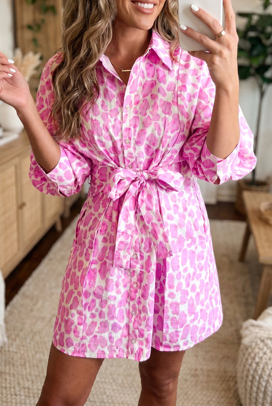 Pink Abstract Leopard Print Tie Waist Puff Sleeve Mini Shirt Dress-Dresses/Mini Dresses-[Adult]-[Female]-Pink-S-2022 Online Blue Zone Planet