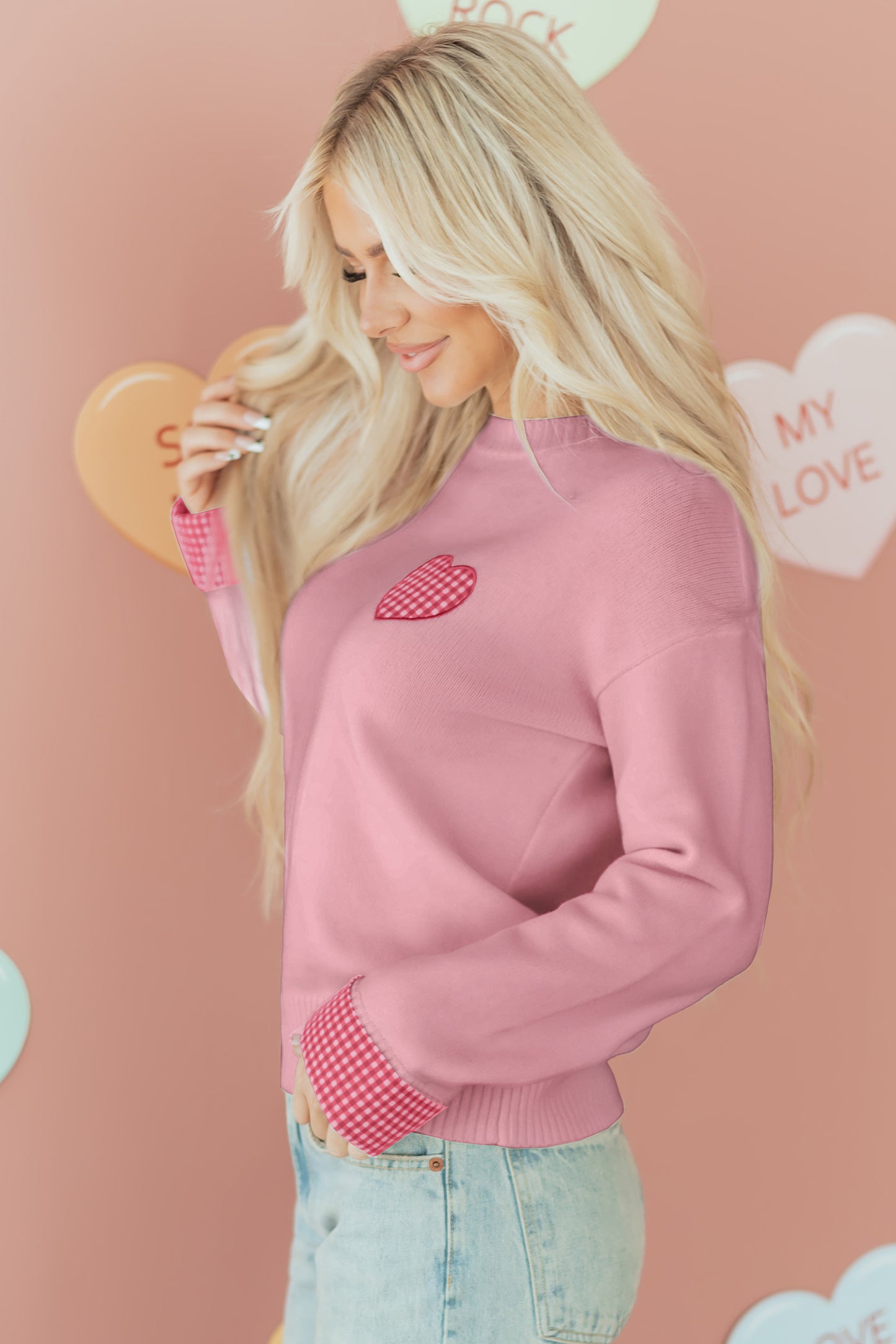 Light Pink Plaid Heart Embroidered Cuffed Drop Shoulder Crew Neck Sweater-Sweaters & Cardigans/Sweaters-[Adult]-[Female]-2022 Online Blue Zone Planet