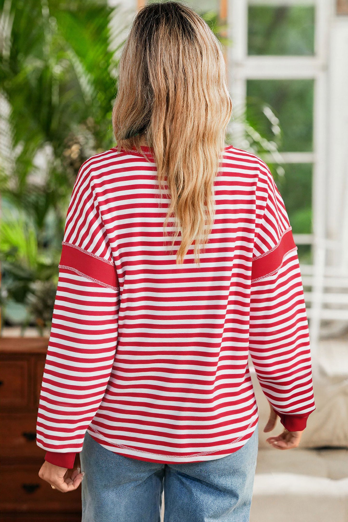 Red Stripe Exposed Seam V Neck Balloon Sleeve Pullover-Tops/Long Sleeve Tops-[Adult]-[Female]-2022 Online Blue Zone Planet