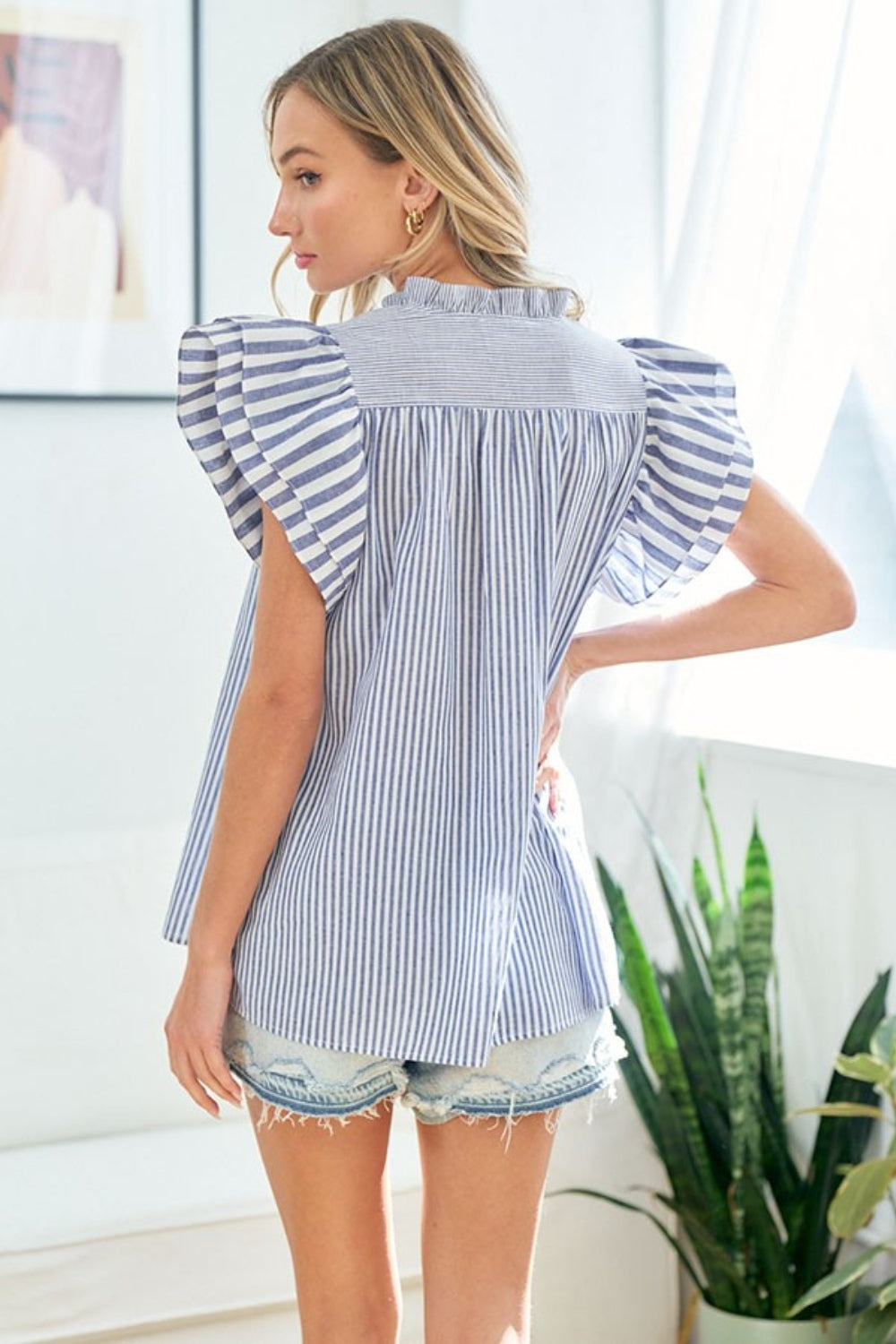 Blue Zone Planet | First Love Full Size Striped Flutter Sleeve Blouse-TOPS / DRESSES-[Adult]-[Female]-2022 Online Blue Zone Planet