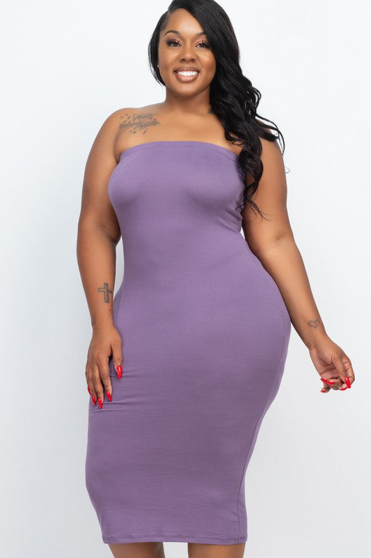 Plus Size Solid Strapless Tube Bodycon Midi Dress-[Adult]-[Female]-Grape-1XL-2022 Online Blue Zone Planet