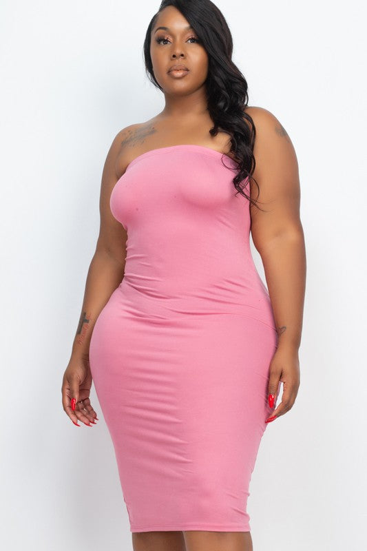 Plus Size Solid Strapless Tube Bodycon Midi Dress-[Adult]-[Female]-2022 Online Blue Zone Planet