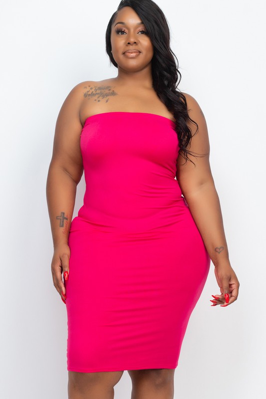 Plus Size Solid Strapless Tube Bodycon Midi Dress-[Adult]-[Female]-Fuchsia-1XL-2022 Online Blue Zone Planet