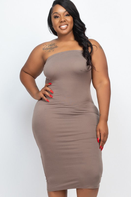 Plus Size Solid Strapless Tube Bodycon Midi Dress-[Adult]-[Female]-Taupe-1XL-2022 Online Blue Zone Planet