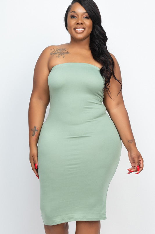 Plus Size Solid Strapless Tube Bodycon Midi Dress-[Adult]-[Female]-Green Bay-1XL-2022 Online Blue Zone Planet