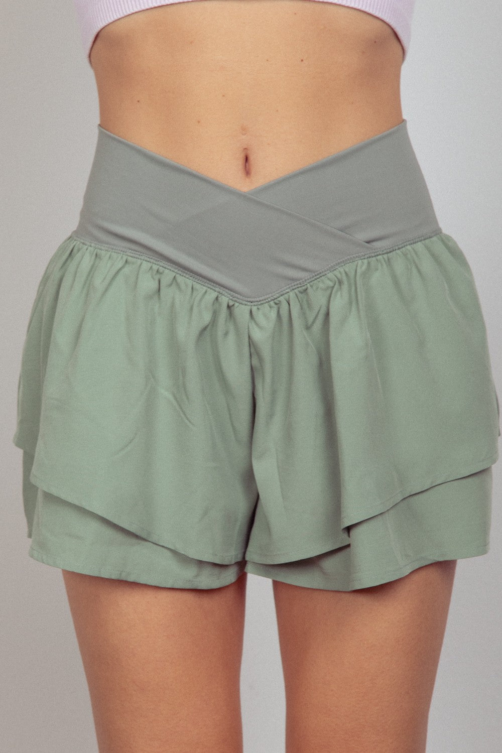 Blue Zone Planet | VERY J V-Shaped High Waist Layered Active Shorts-TOPS / DRESSES-[Adult]-[Female]-Sage-S-2022 Online Blue Zone Planet