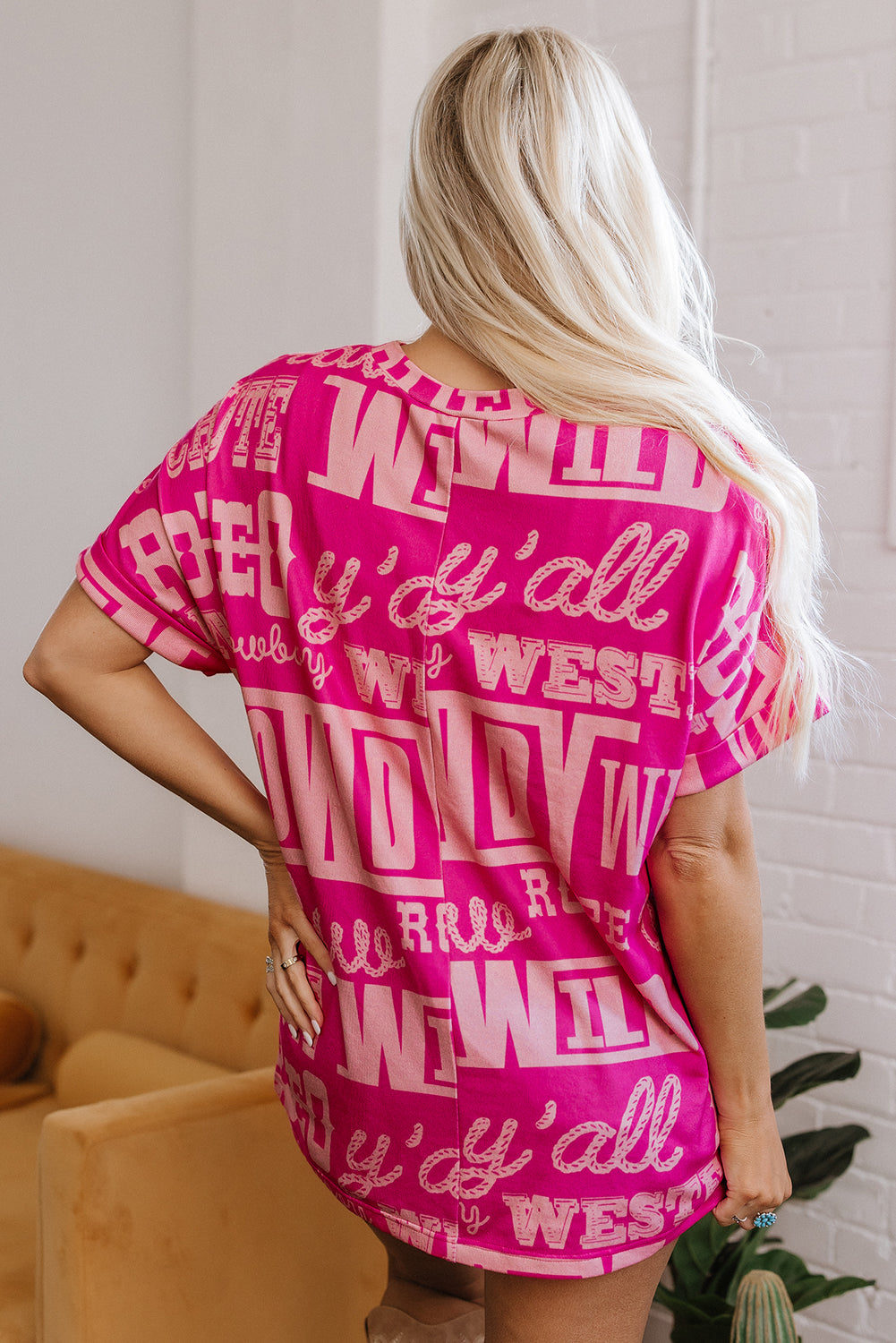Rose Howdy Cowboy Letter Printed Western Fashion Tee-Tops/Tops & Tees-[Adult]-[Female]-2022 Online Blue Zone Planet