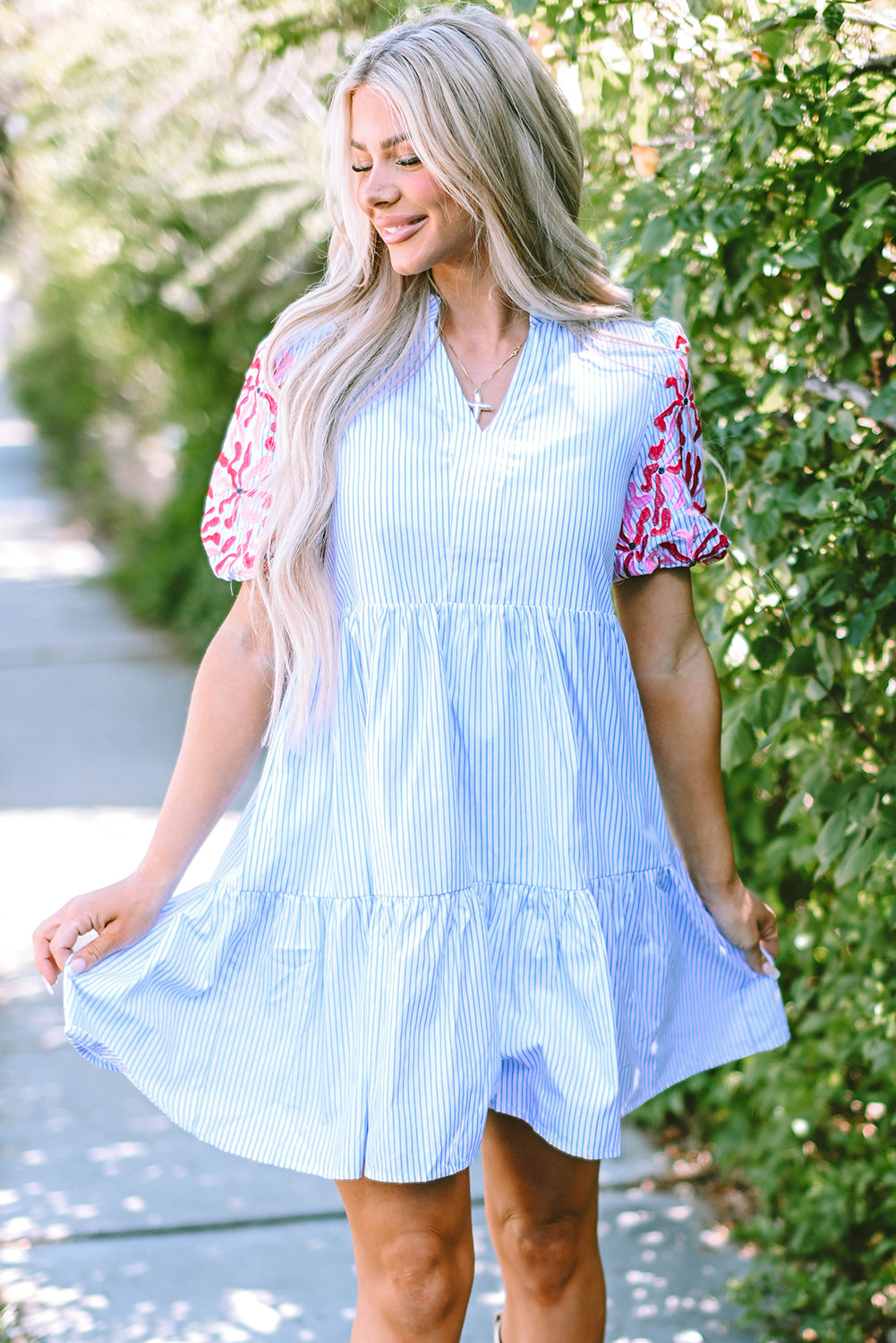 Blue Zone Planet | Sky Blue Stripe Contrast Floral Puff Sleeve Tiered Ruffle Dress-TOPS / DRESSES-[Adult]-[Female]-Sky Blue Stripe-S-2022 Online Blue Zone Planet