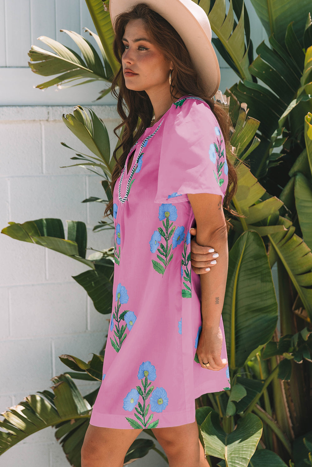 Rose Floral Short Sleeve Split Neck Loose Mini Dress-TOPS / DRESSES-[Adult]-[Female]-2022 Online Blue Zone Planet